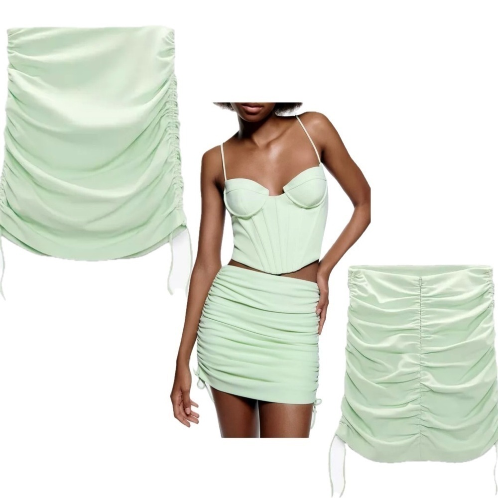 Zara light pastel mint green ruched gathered mini skirt side ties Sz S NWOT